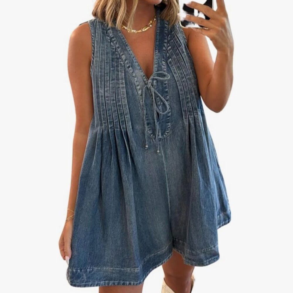 Yoeasy Women's Sleeveless V Neck Shorts Denim Romper
